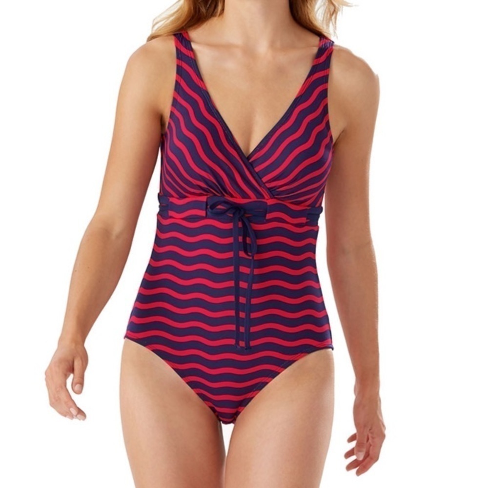 Tommy Bahama Sea Swell V-Neck Faux Wrap Swimsuit One-Piece in Air Kiss Red 14